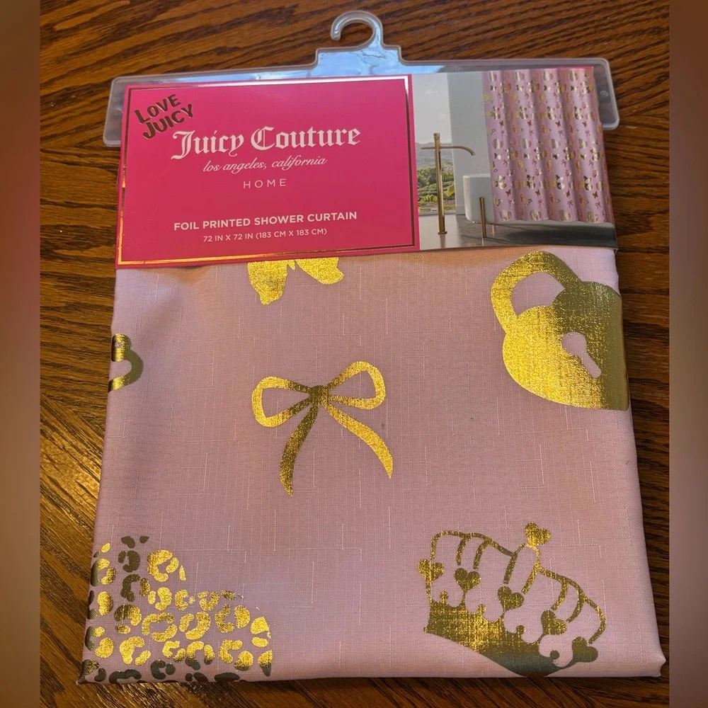 JUICY COUTURE Blush Pink & Metallic Gold Fabric Shower/Bathtub Shower Curtain